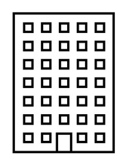 Icon of building with black border and white background.