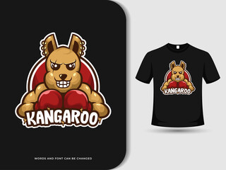 Kangaroo boxing animal mascot logo design with logotype and t-shirt mock up. Vector illustration