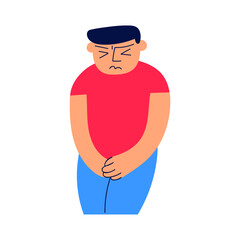 Young man has genital problems. Hand drawn vector icon illustration on white background.