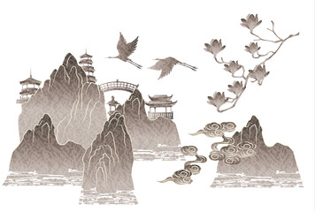 アジアの風景のベクターイラストセット