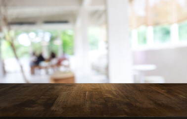 Wood Table Top in Blur Background room interior with empty copy space.