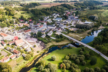 Aerial view of town Sabile and river Abava, Latvia.