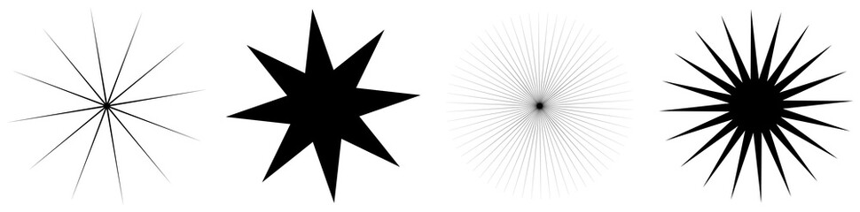 Set of starburst, sunburst shapes. Abstract glitter, glimmer, flash shapes, elements. Radial, radiating clip-art