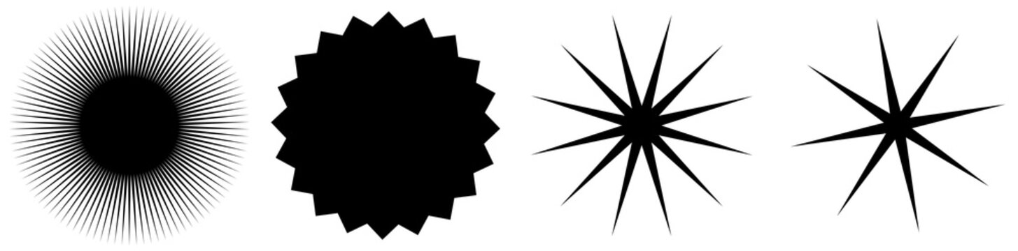 Set of starburst, sunburst shapes. Abstract glitter, glimmer, flash shapes, elements. Radial, radiating clip-art