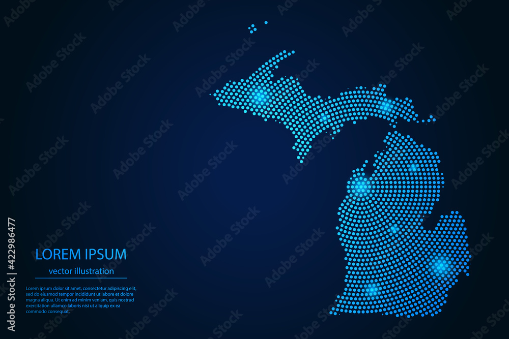 Wall mural abstract image michigan map from point blue and glowing stars on a dark background. vector illustrat