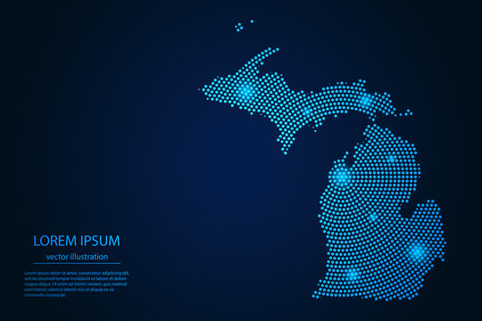 Abstract image Michigan map from point blue and glowing stars on a dark background. vector illustration. 
