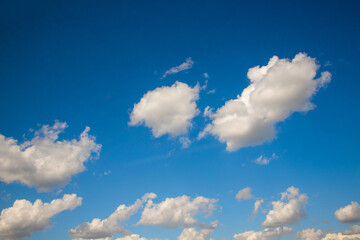 Naklejka na ściany i meble Aerial white clouds in the blue summer sky.