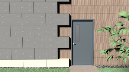 Fassadendämmung an der Mauerwand neben einer Tür, Fassadenplatten mit Sockeldämmplatten aus Polystyrol oder Styropor mit Dübel ohne Putzscheibe