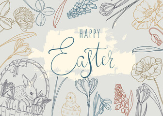 Happy easter. Vintage banner with rabbit and spring flowers