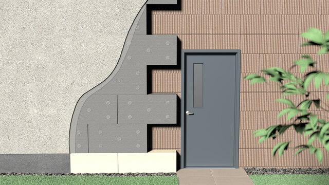 Fassadend&auml;mmung an der Mauerwand neben einer T&uuml;r, Fassadenplatten mit Sockeld&auml;mmplatten aus Polystyrol oder Styropor mit D&uuml;bel mit Putzscheibe und Gewebe