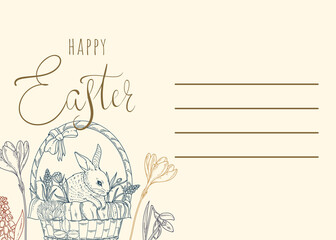 Happy easter. Postcard with rabbit in a basket and spring flowers