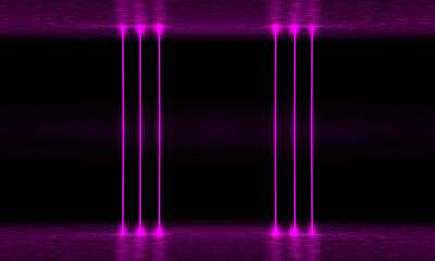 Empty scene background. Neon purple ultraviolet lines. Laser show. 3d illustration