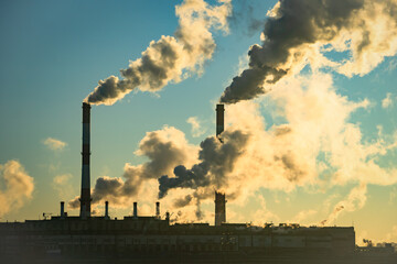 Smoke stack with smoke emission. Plant pipes pollute atmosphere. Industrial factory pollution,...