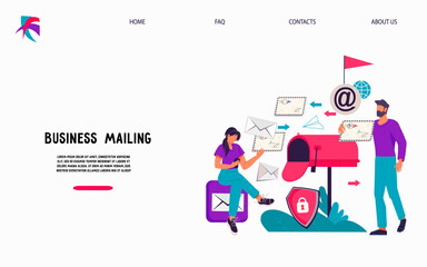Business mailing and Email marketing website template with people next to huge mailbox, flat vector illustration. Landing page for Mail service and notification sending.