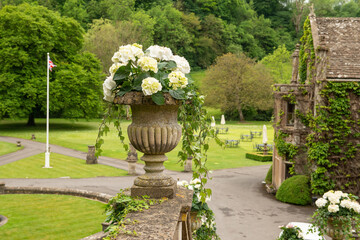 Large stone antique flowerpot with hortensia flowers with a view on the garden en bibury court hotel
