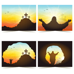 Silhouette of crosses on a mountain with sunset. Resurrection Sunday. Easter concept.