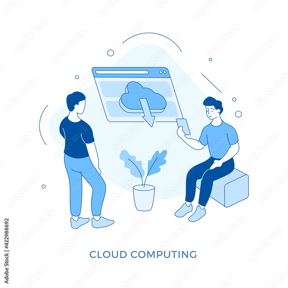 Poster linear flat cloud computing concept. male cartoon characters using cloud computing online service. i