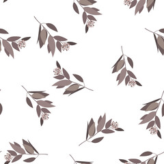 Single beige branch with leaves and bud background. Flat style seamless floral pattern.
