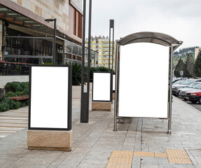 Billboard mockup and template signage three pieces of blank advertising copy space for your text message or media and content, exterior signage with frame background screen.