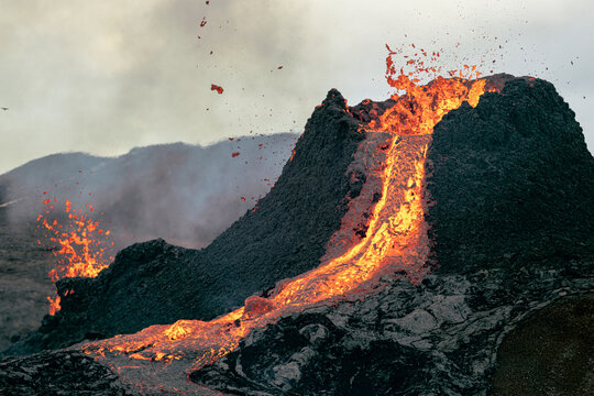 Hot lava is erupting from the volcano in Iceland in March 2021.
