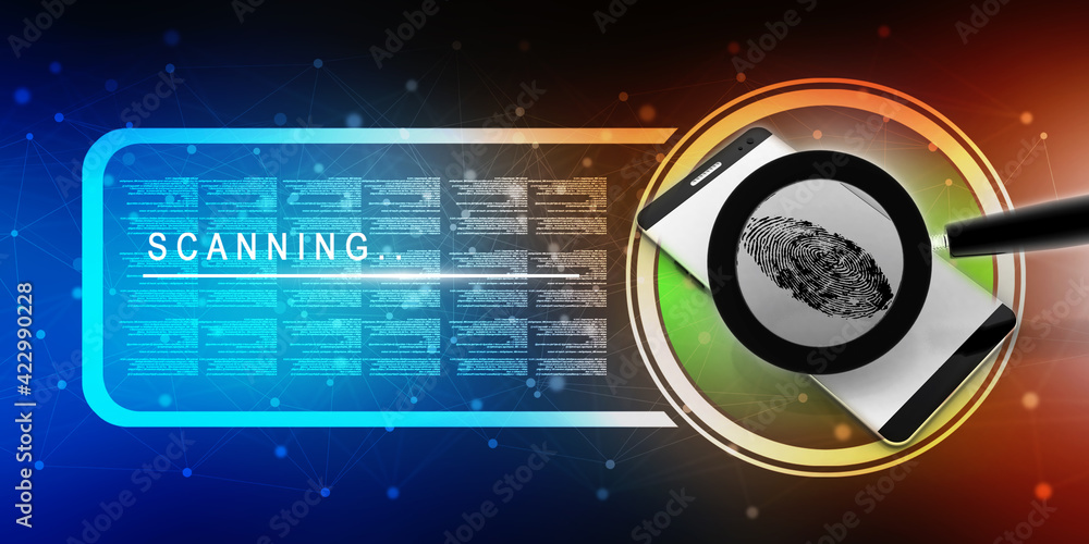 Poster 3d rendering fingerprint and magnify glass with mobile phone
