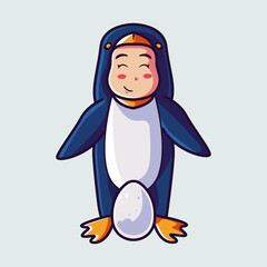 Fototapeta premium happy cute kid in penguin costume with egg. cartoon illustration
