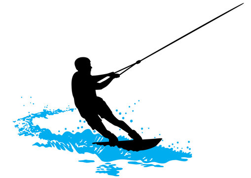 Wakeboarder surfs on water wave / Blue-black silhouette