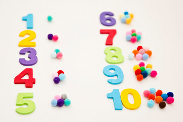 Digits and Pom Poms. Numbers and dots. Counting game for early education. Preschool exercise for kids. Sequence from 1 to 10.