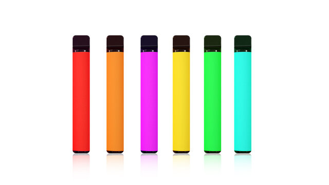 Colorful disposable electronic cigarettes with shadows on a white background