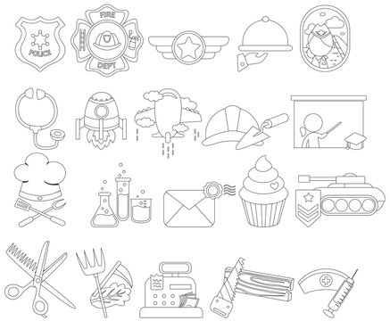 
a vector of many jobs icons and badges in black and white
