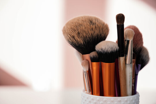 Dirty Professional Make Up Brushes Isolated Over Bright Background. Set Of Dirty Make Up Brushes Ready For Deep Cleaning