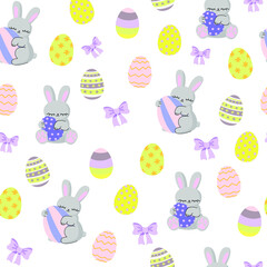 Spring cute white pattern with egg rabbit bunny. Happy easter seamless background. Textiles for children. Digital paper scrapbook with pet.