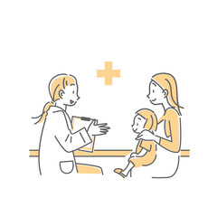若い女性医師に診察を受ける親子のシンプルでかわいい線画イラスト