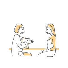 ベテラン医療スタッフにカウンセリングを受ける若い女性のシンプルでおしゃれな線画イラスト