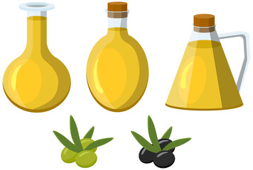 Set of olive oil bottles and olives in cartoon style. For mediterranean, italian, greek food design.