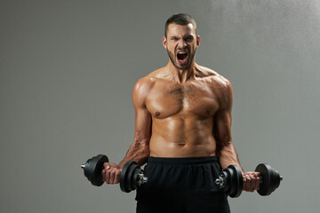 Fototapeta na wymiar Exited handsome bodybuilder with powerful torso building up muscles with dumbbells in room indoors