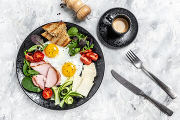 healthy breakfast. English breakfast plate of fried eggs, ham and toast.banner, menu recipe place for text, top view