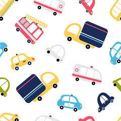 Cute seamless pattern with transport. Cartoon background for kids. Hand drawn cars. Nursery style