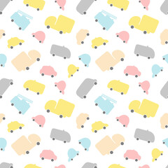 Cute seamless pattern with transport. Hand drawn cars. Cartoon background for children. Nursery style for kids