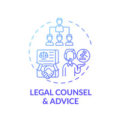 Legal counsel and advice concept icon. Legal services categories. Provides timely legal protection and advice idea thin line illustration. Vector isolated outline RGB color drawing