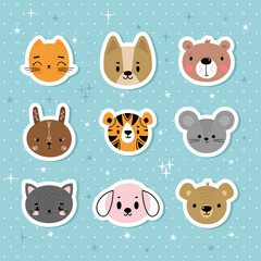Set of cartoon stickers with animals for kids. Sweet smiley faces. Cute hand drawn characters on blue background