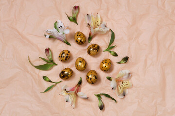 Colored Easter eggs in green on an yellow  background. Minimal easter concept. Easter spring holiday background.
