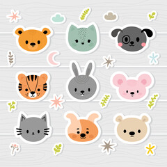 Set of cartoon stickers with animals for kids. Sweet smiley faces. Cute hand drawn characters with design elements