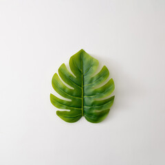 Green philadendron leaf on a white background. Minimal design.