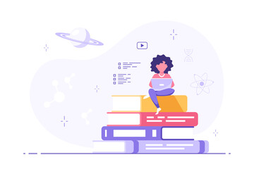 Obraz premium Woman with laptop sitting on book stack