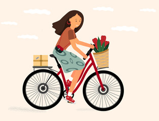 Fototapeta na wymiar Smiling girl riding bicycle with flower bouquet in front basket. Cute happy young woman on bike, flat vector illustration