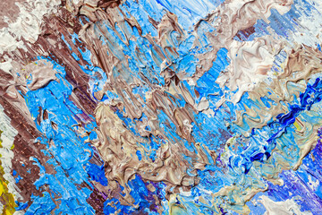 Fototapeta premium Brown blue brush strokes, stains, dripping blobs of colored acrylic paint on artist palette. Abstract modern background