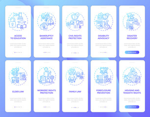 Legal services onboarding mobile app page screen with concepts. Court protection walkthrough 10 steps graphic instructions. UI, UX, GUI vector template with linear color illustrations