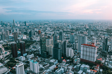 BANGKOK, THAILAND - SEPTEMBER 8, 2020 : Aerial view of Bangkok with many modern buildings. Cityscape concept.