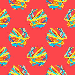 Obraz premium Abstract fantasy brush stroke hexagon geometric seamless pattern. Creative mosaic, tile background.